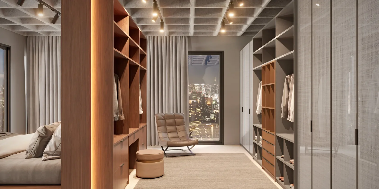 Closet planejado com prateleiras e iluminação embutida